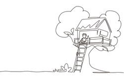 Continuous one line drawing child on tree house, little boy playing on children playground, treehouse with wooden ladder, place for kids games on summer. Single line design vector graphic illustration
