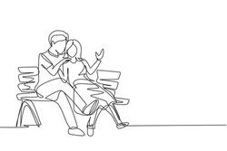 Single continuous line drawing romantic couple on bench in park. Happy man hugging and embracing woman. Couple dating celebrate wedding anniversary. One line draw graphic design vector illustration