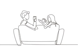 Single one line drawing back view romantic couple sitting at sofa, talking and drinking coffee. Man and woman have relaxing day off. Stay at home. Modern continuous line draw design graphic vector