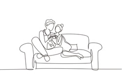 Single one line drawing happy couple sitting on the sofa, talking and drinking coffee. Man and woman have relaxing day off at living room. Romance and love concept. Continuous line draw design vector