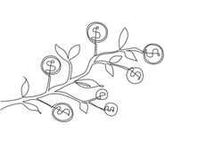 Continuous one line drawing dollar symbol hanging from tree branch. Money tree. Green cash banknotes with golden coins. Concept for return money investment. Single line draw design vector illustration