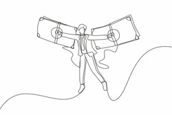 Single continuous line drawing businessman flying on money wings. Concept of financial freedom, depicting man flying on wings made of currency bills. One line draw graphic design vector illustration