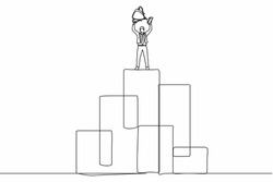 Continuous one line drawing young businessman standing on big graphic bar and lifting trophy. Winner pose. Success, goal, achievement and concept. Single line draw design vector graphic illustration