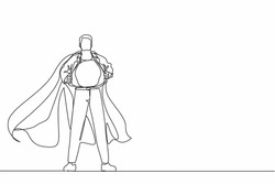 Single one line drawing young businessman revealing his true identity of powerful superhero. Superhero tearing shirt and wearing costume. Modern continuous line draw design graphic vector illustration