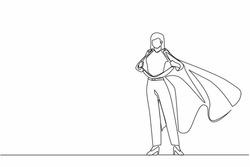 Single continuous line drawing businesswoman revealing her true identity of powerful superhero. Superhero tearing shirt and wearing costume. Dynamic one line draw graphic design vector illustration