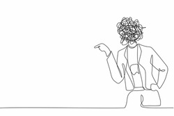 Single continuous line drawing businesswoman with round scribbles instead of head. Angry worker arguing, conflicting. Quarrel fight aggressive person. Female shouting. One line graphic design vector