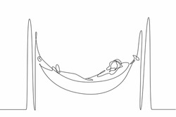 Continuous one line drawing Arabian businessman is lying in hammock and dreaming about big money. Comfort and recreation. Achieve financial freedom. Single line draw design vector graphic illustration