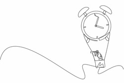 Single one line drawing robots in hot air balloon with alarm clock looking with telescope or monocular. Modern robot artificial intelligence technology. Continuous line draw design vector illustration
