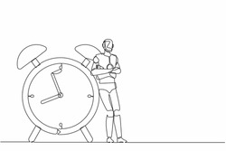 Single one line drawing robots lean on huge alarm clock. Modern robotics artificial intelligence technology. Electronic technology industry. Continuous line draw design graphic vector illustration