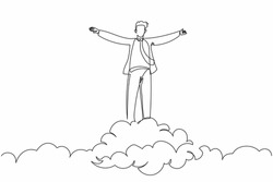 Continuous one line drawing happy businessman on top of cloud with raised hand. Successful business working manager. Financial freedom, happiness, peaceful. Single line draw design vector illustration