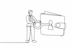 Single one line drawing protective businessman close on key huge wallet. Money wallet with security system. Money protection financial security. Continuous line draw design graphic vector illustration