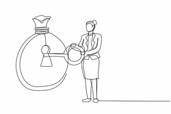 Continuous one line drawing businesswoman put key into money bag. Unlock business success. Safe haven for investment or wealth manager to manage money. Single line design vector graphic illustration