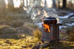 Burning wood stove with boiling kettle in the forest close-up, object in focus, the background is blurred.