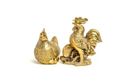 golden rooster and hen on white background, chinese auspicious symbol