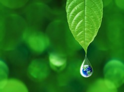 Earth in water drop reflection under green leaf, water and environment concept, Elements of this image furnished by NASA