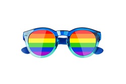Sunglasses LGBTQ community flag color white background isolated close up, fashion glasses rainbow print, LGBT people pride symbol, gay, lesbian sign, human diversity concept, summer holidays accessory
