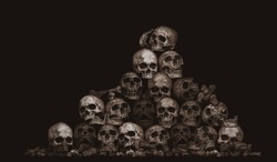 Awesome pile of skull and bone on brown cloth background, Still Life style, Adjustment color for background