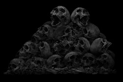 Pile of skulls and bone on dark background, Still life style