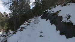The Gaube Valley frozen path surrounded by rocky slope, spruce and pine trees, near the town of Cauterets in the Haute-Pyrénées department, France.