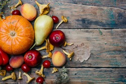 Autumn seasonal vegetables and fruits (pumpkin, pear, apples, corn, chanterelles). Autumn products from the farm, or garden. Vegan eco concept. Copy space.
