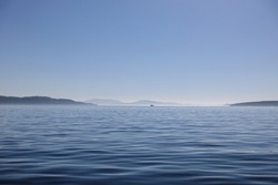 A beautiful seascape view of a boat in the far distance sailing across the open sea in the gulf islands, british columbia, canada