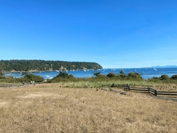 A faraway view of a crowded beach with people visiting and enjoying the waters of Tribune Bay, on a sunny summer day in Hornby Island, Canada.