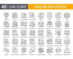 Online education vector lines icon set. Related of E-learning and digital learning. Thin line quality icons for web element