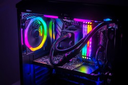 Gaming PC with RGB LED lights on a computer, assembled with hardware components