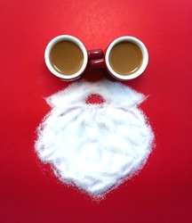 Creative Santa Claus made of coffee cup, Sugar white beard on red background for Merry Christmas theme New Year 2022 celebrate Seasons Greetings decoration idea image design symbol on Happy holiday