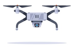 gray flying drone with a video camera on the body. flat vector illustration.