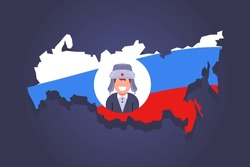 map of russia with an icon of a typical person from this country. cap with earflaps on the head. flat vector illustration.