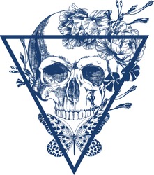 Blue skull with flowers and butterfly on inverted triangle in vintage style illustration