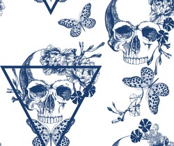 Vintage blue skull with flowers and butterfly on inverted triangle, seamless pattern.