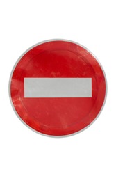 Old no traffic sign isolated on white background. The stop road sign.