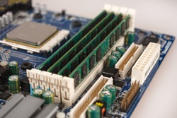 computer RAM, system, main memory, random access memory, onboard, computer detail, close-up, high resolution, installed on socket of motherboard