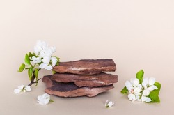 Empty stone podium for presentation of cosmetics products and goods with fruit extracts. Pedestal or stand made of natural rocks with spring apple tree flowers on beige pastel background