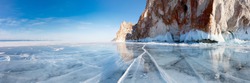 Lake Baikal in winter. Olkhon Island. Panorama of the rocks of Sagan-Khushun cape from ice