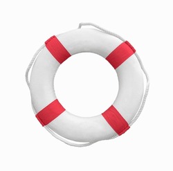 White life buoy with red stripes and white rope around isolated on white background