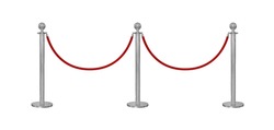 red velvet rope barrier and 3 silver poles isolated on white background