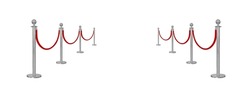 Perspective view red velvet rope barrier and silver poles isolated on white background