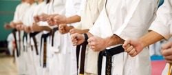 Karate master in a white kimono and with a black belt, stands in front of the formation of his students. Martial arts school in training in the gym.