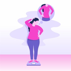 Weight loss concept - fat overweight woman stands on body scales and thinking about slimming - vector fitness or diet program illustration