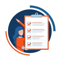 Checklist icon - absctact woman holding big completed check list (test, questionnaire, planning) and big pencil - isolated vector creative illustration