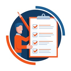 Checklist icon - absctact smiling man holding big completed check list (test, questionnaire, planning) and big pencil - isolated vector creative illustration