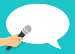 Hand holding microphone - media interview with speech bubble dialog box. Vector illustration with copy space