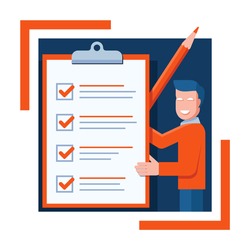 Checklist icon - absctact smiling busimessman holding big completed check list - test, questionnaire, planning and big pencil - isolated vector creative illustration. Vector illustration