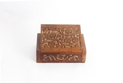 Wooden Half Open carved box handmade. Patterns of Indian culture in the form of New Age Source The Carved Wood Box Flower of Life. Isolated on a white background.