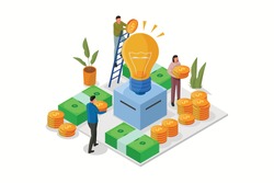 Crowdfunding business idea isometric. Support or collective raise money for new ideas. Entrepreneur business strategy. 
Raising funds for the capital of a project. Flat vector illustration.