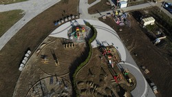 Playground in the park. Aerial view of the construction site. Construction site from the air.