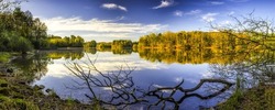 Panorama of the forest lake in autumn. Autumn forest lake panorama. Forest lake in autumn panoramic landscape. Autumn forest lake view